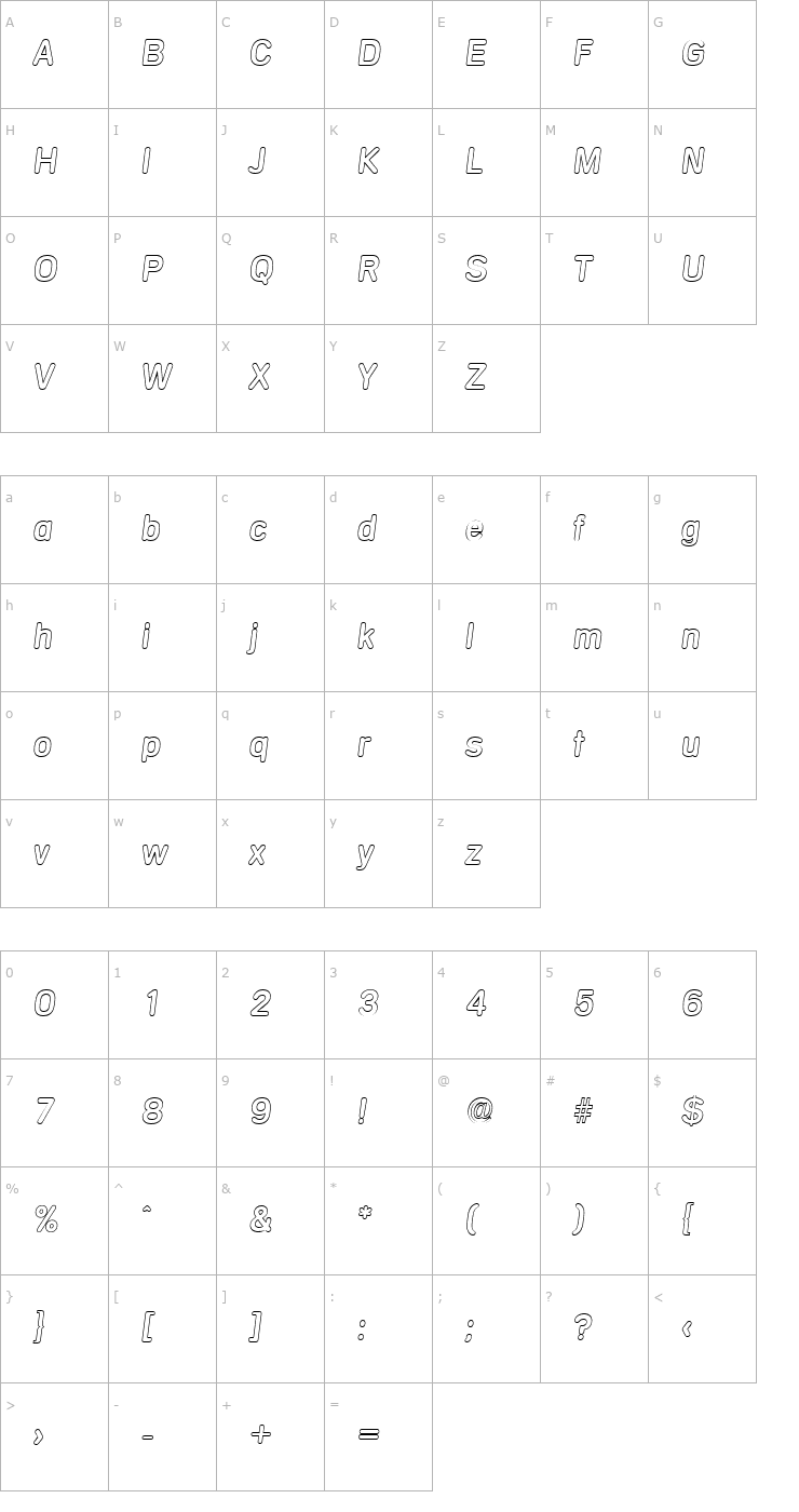 Character Map AndreasBeckerOutline-Italic Font