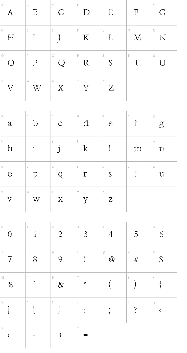 Character Map AndrewBeckerAntique-Xlight-Regular Font