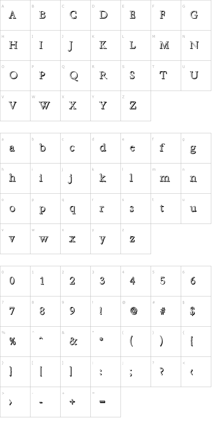 Character Map AndrewBeckerShadow-Xlight-Regular Font