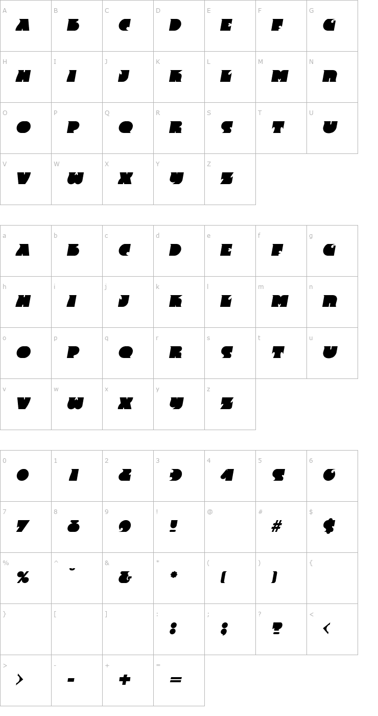 Character Map AngelaBecker Bold Italic Font