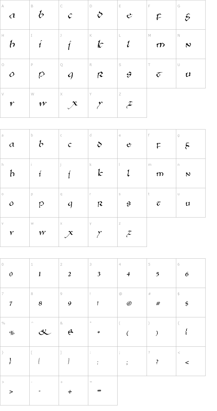 Character Map AngloSaxonItalic Font