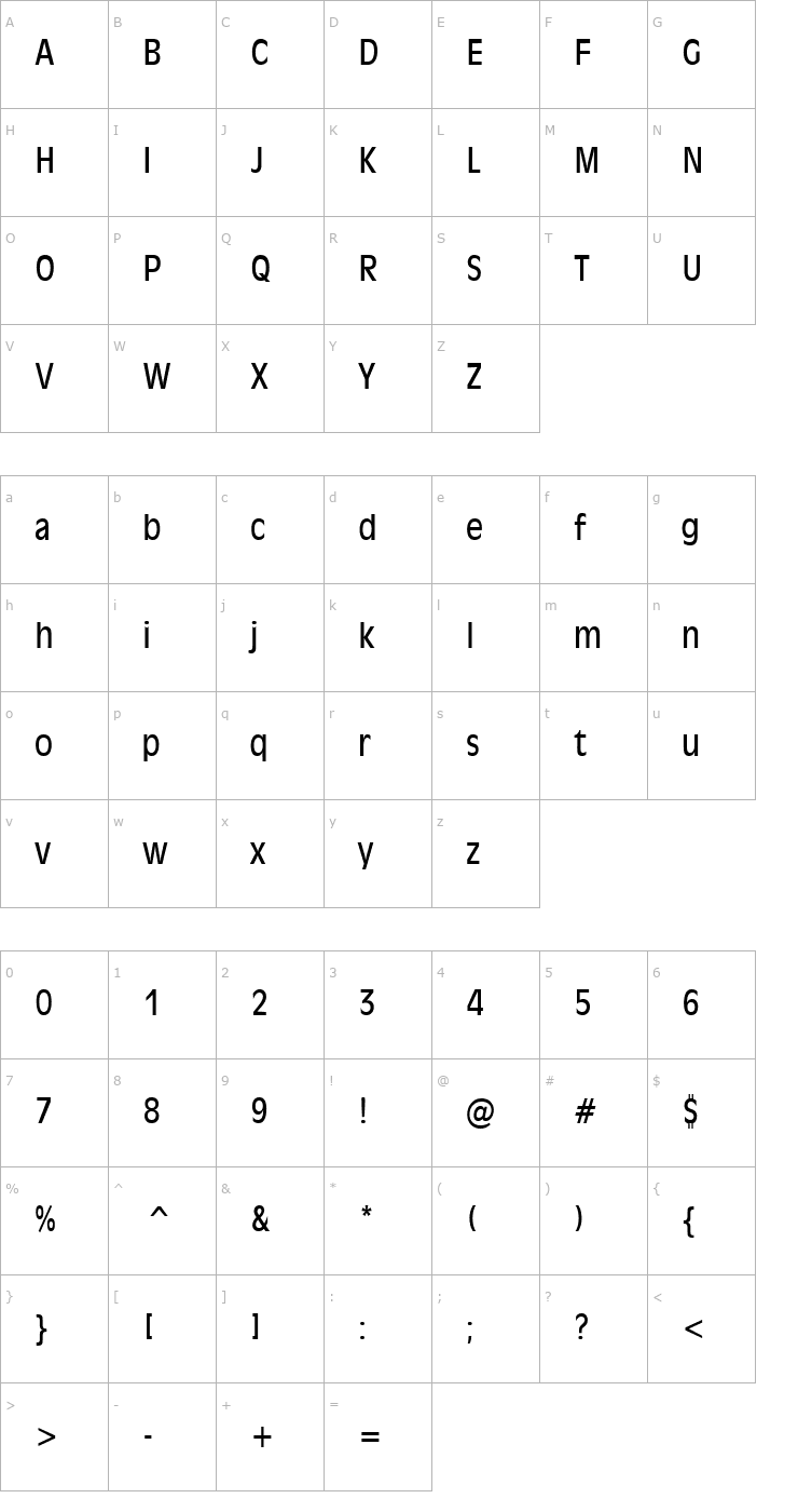 Character Map Antiqua 101 Condensed Normal Font