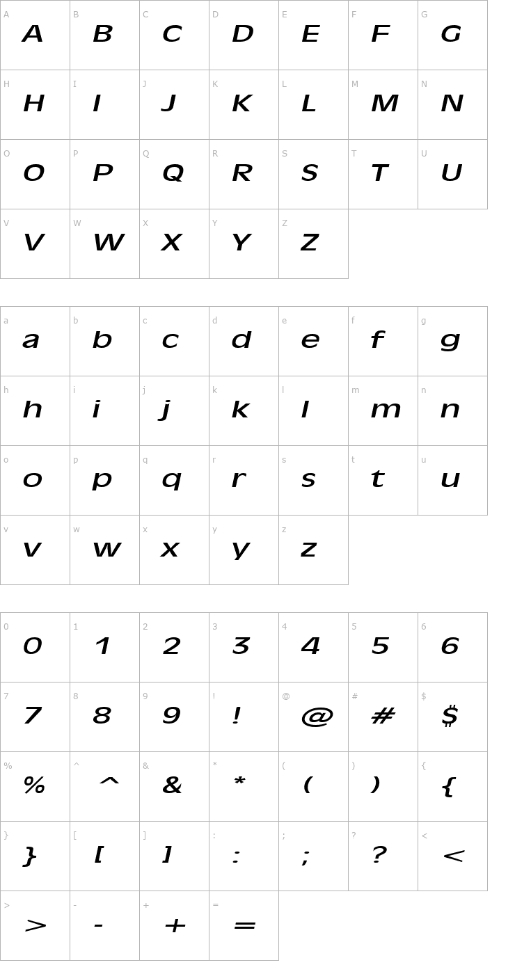 Character Map Antiqua 101 Extended Italic Font