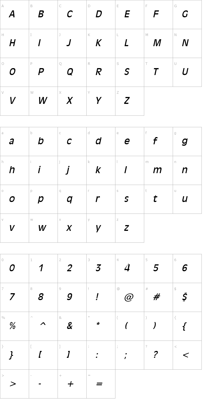 Character Map Antiqua 101 Italic Font