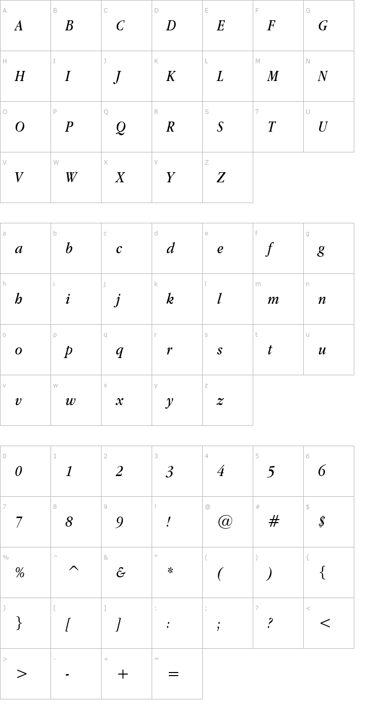 Character Map Apple Garamond Book Italic Font