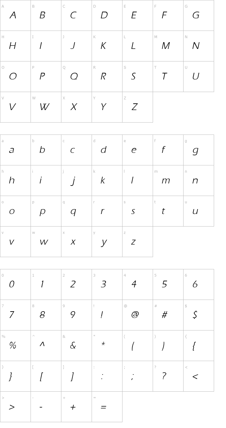 Character Map AquilineBook Italic Font
