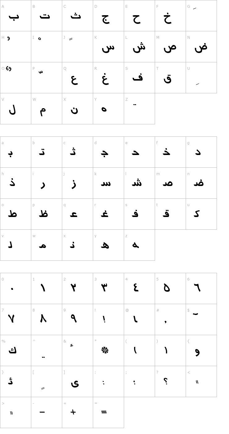 Character Map Arabic7TypewriterSSK Italic Font