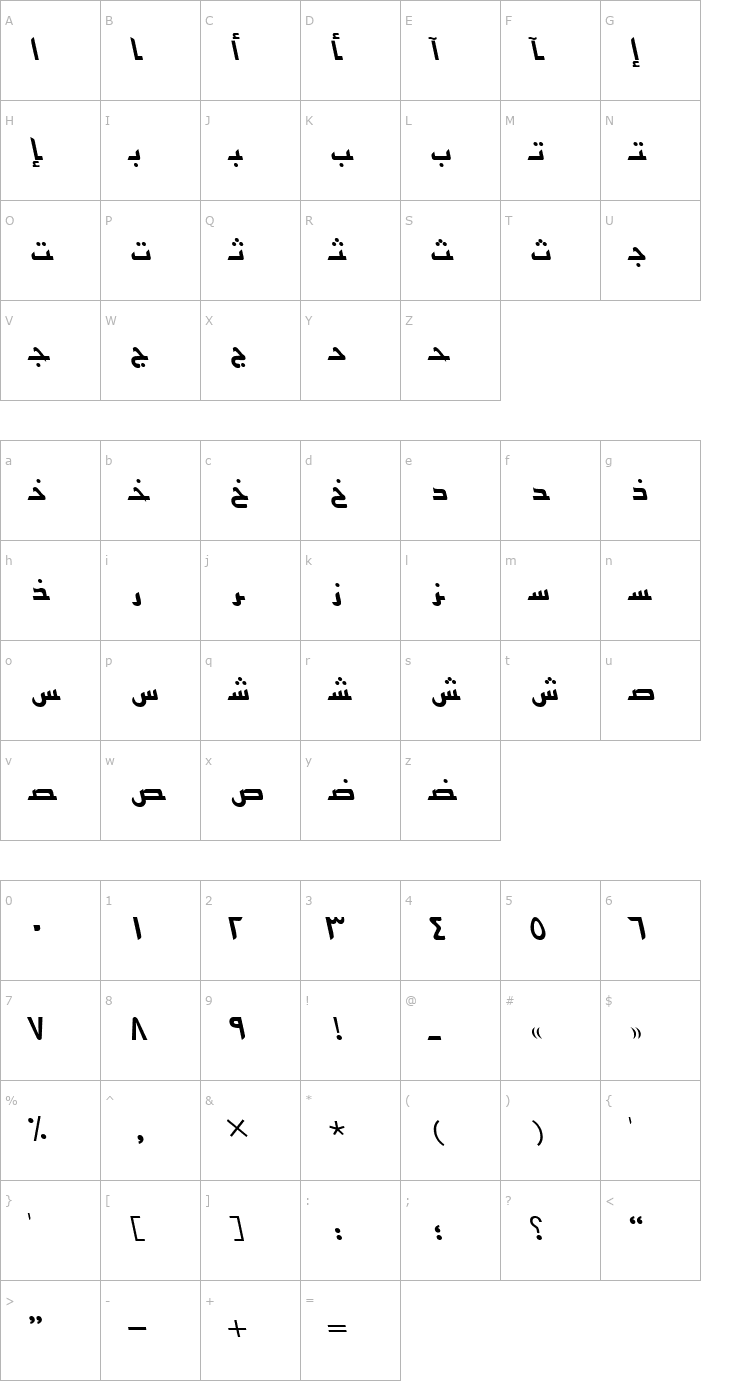 Character Map ArabicKufiSSK Italic Font