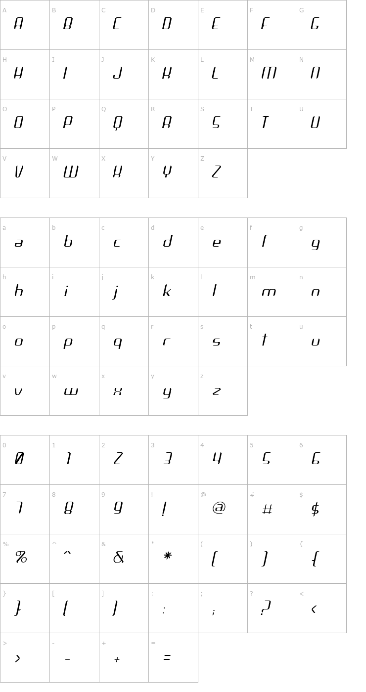 Character Map Arbeka LightItalic Font