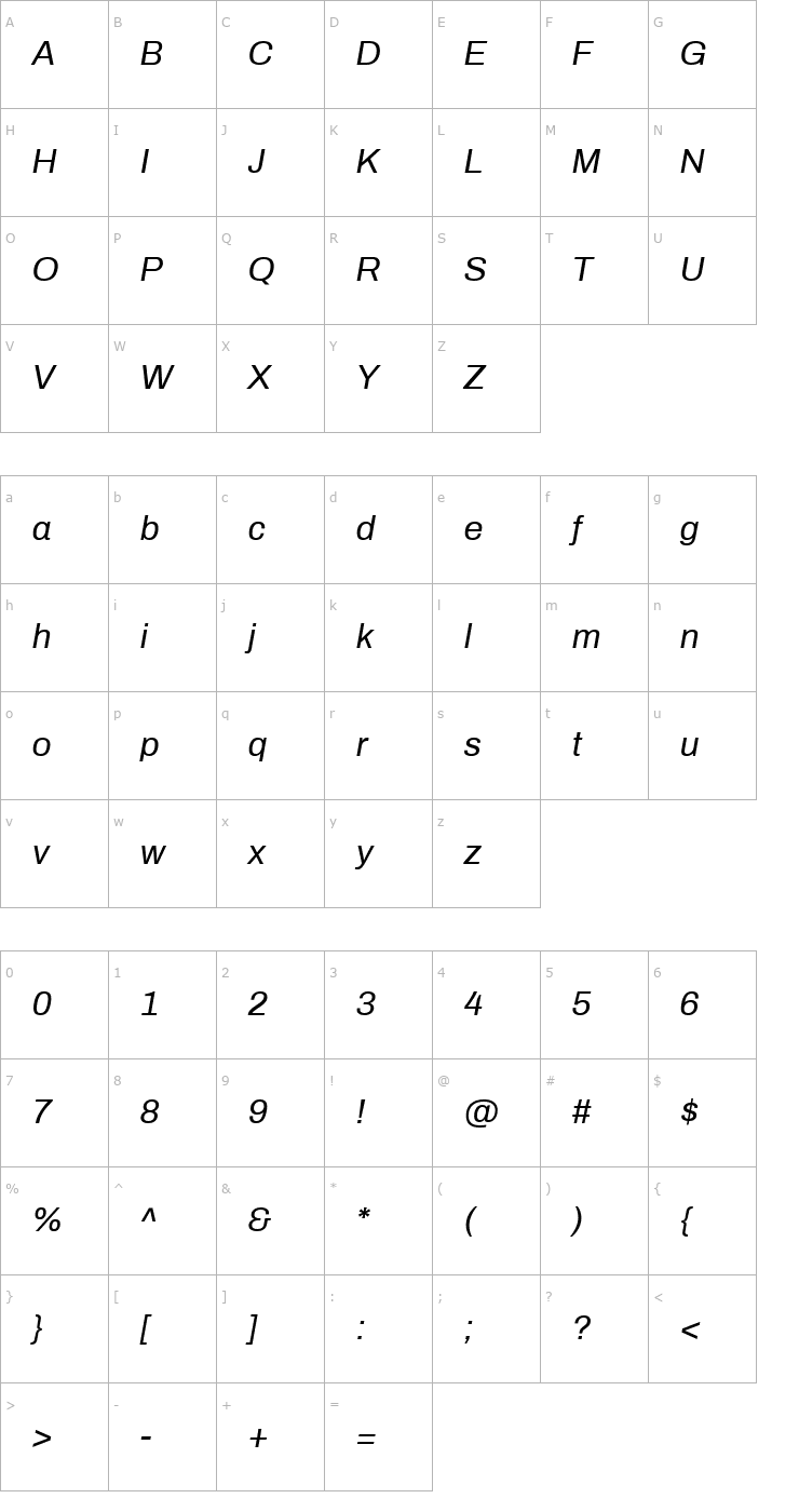 Character Map Archivo Italic Font