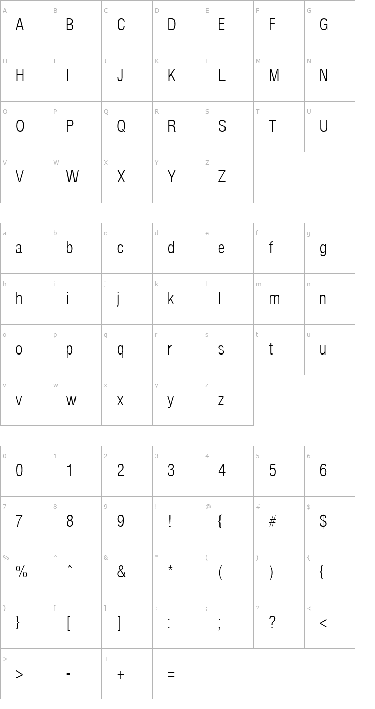 Character Map Arena Cond Light Font