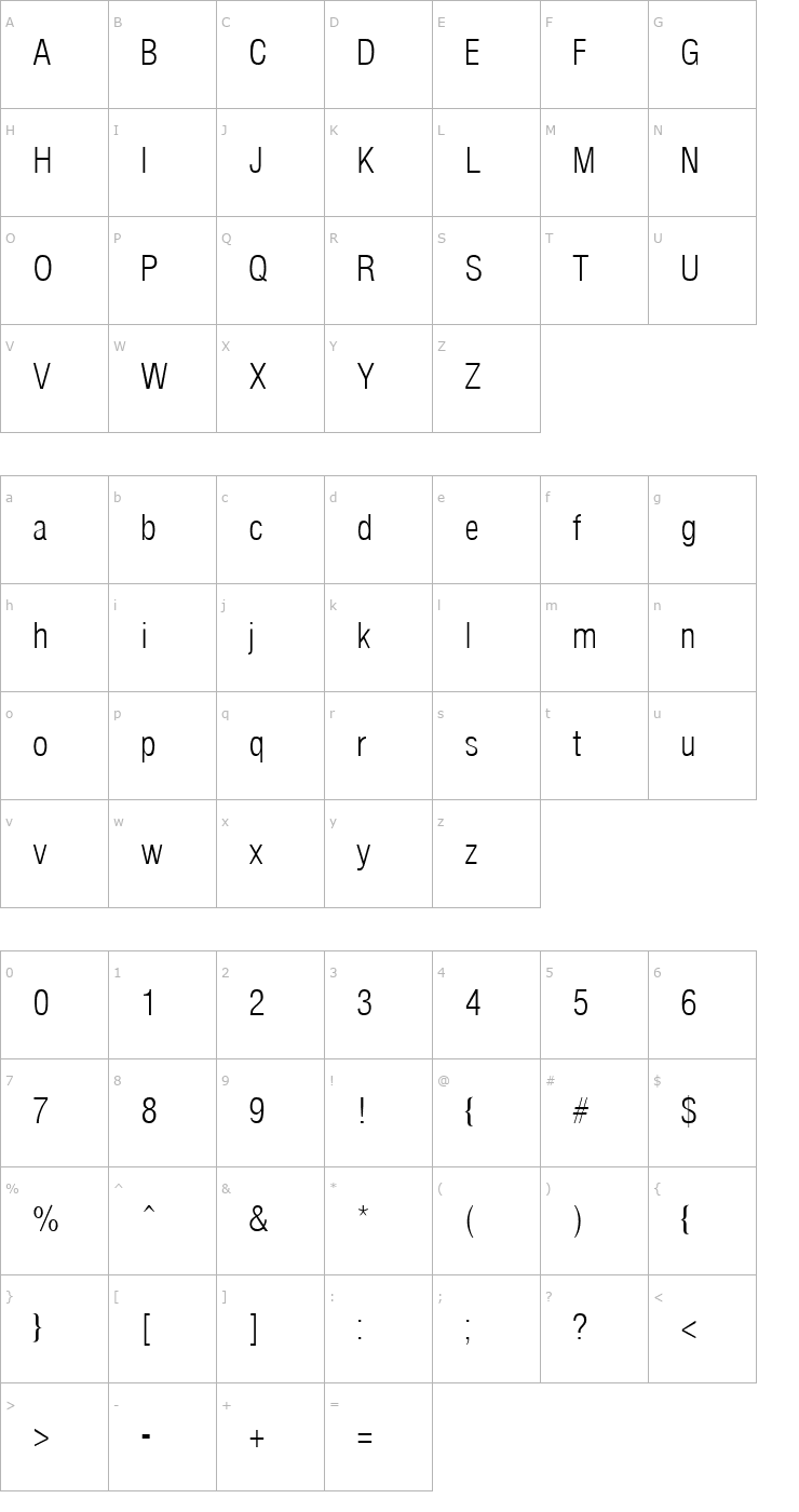 Character Map Arena Condensed Light Font
