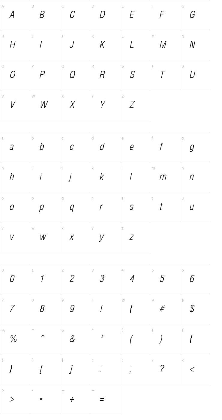 Character Map Arena Condensed Light Italic Font
