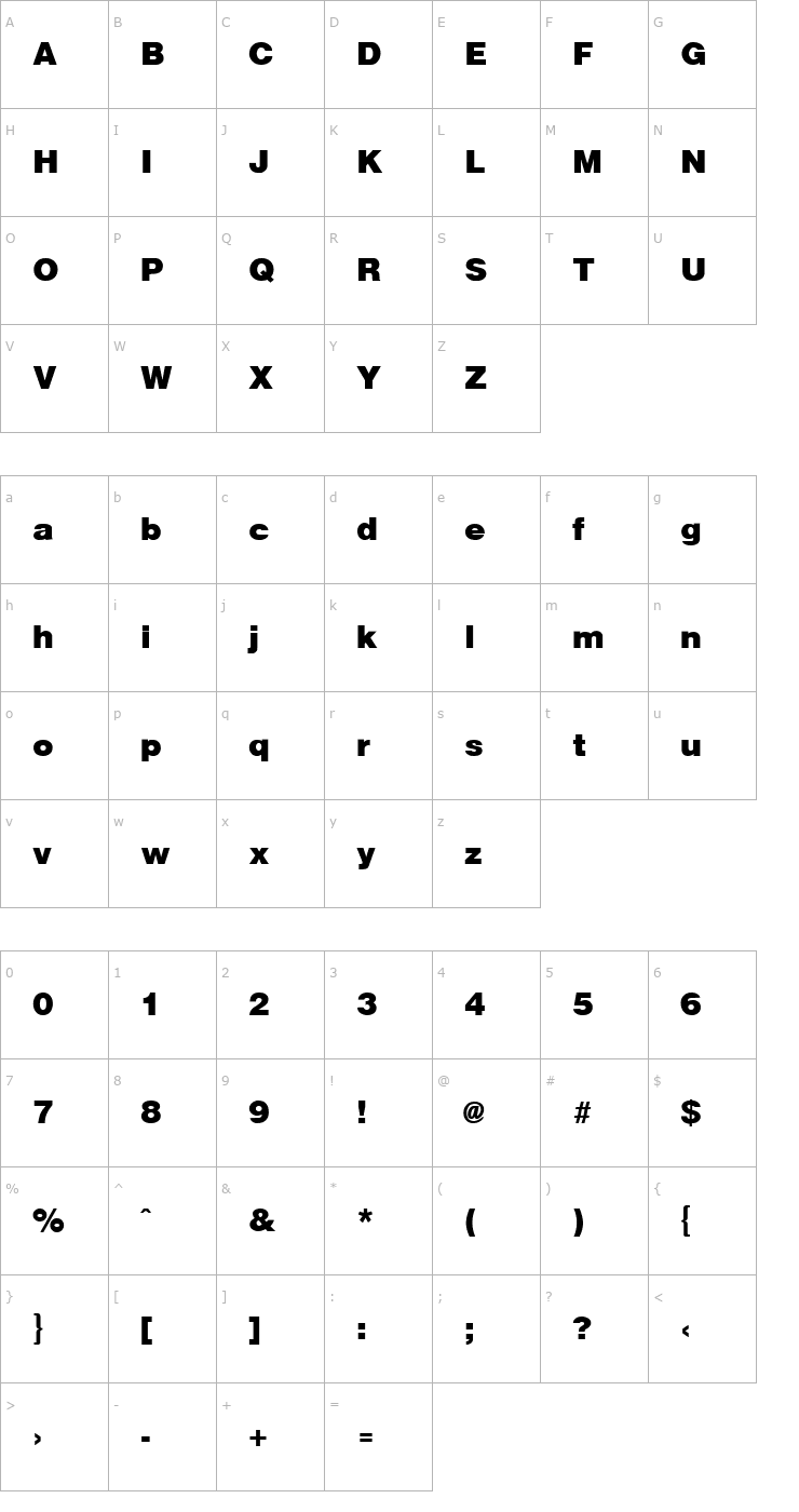 Character Map ArenaBlack Regular Font
