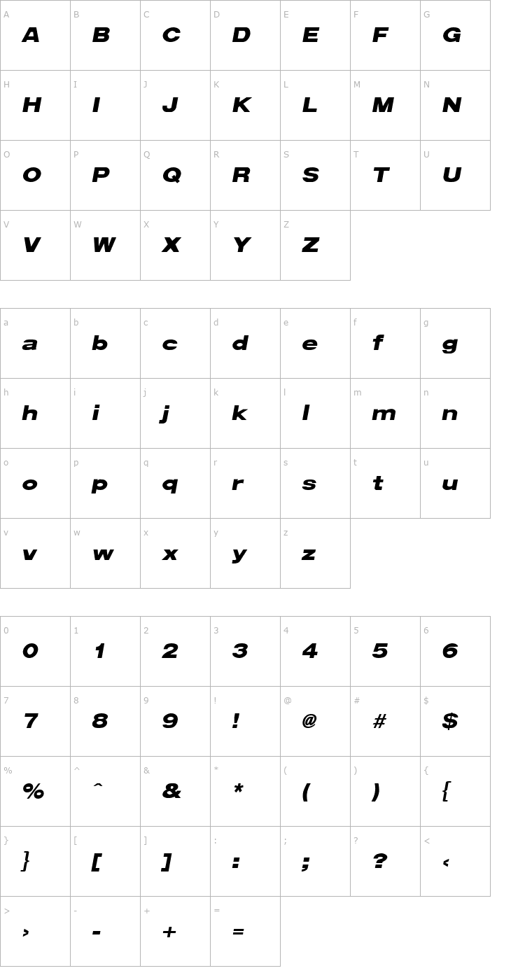 Character Map ArenaBlackExtended Italic Font