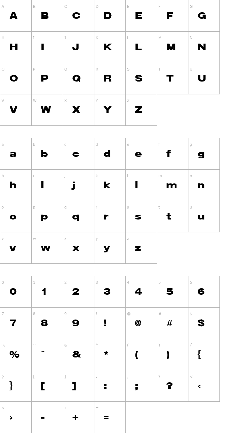 Character Map ArenaBlackExtended Regular Font