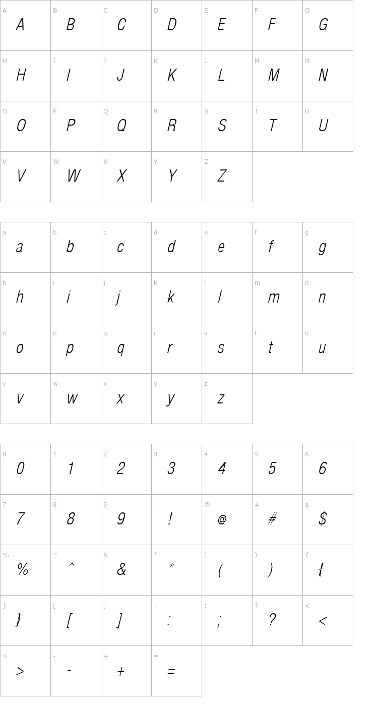 Character Map ArenaCondensedLight Italic Font