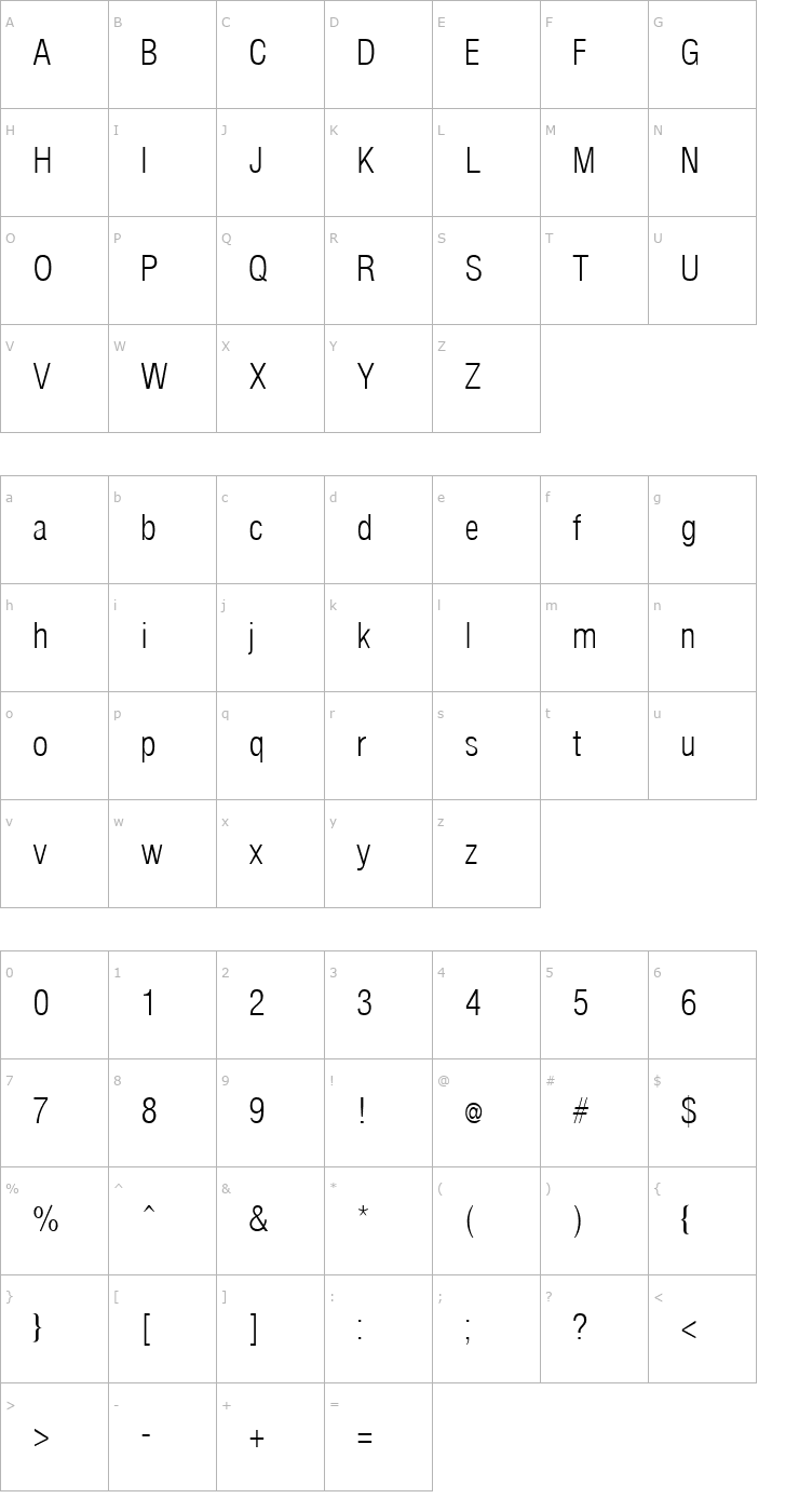 Character Map ArenaCondensedLight Regular Font