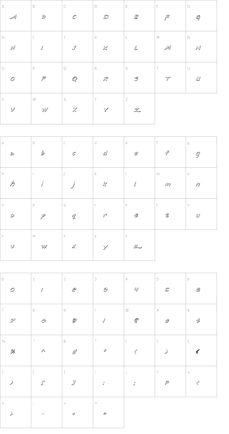 Character Map Arilon Shadow Italic Font