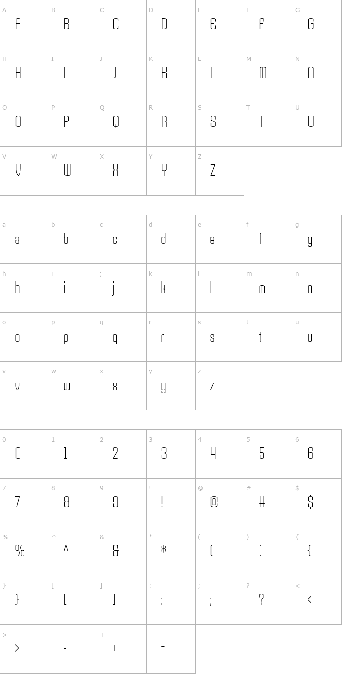 Character Map Armada-LightCondensed Font