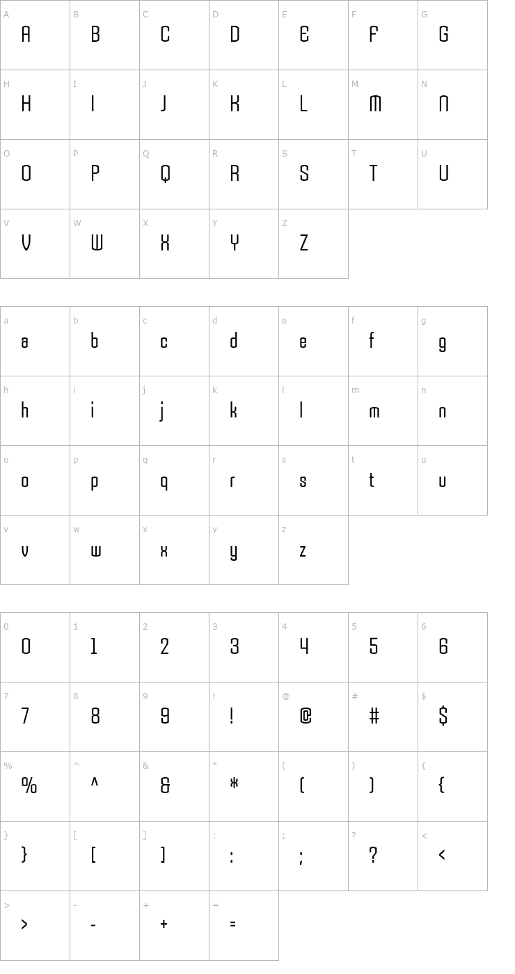 Character Map Armada-RegularCondensed Font