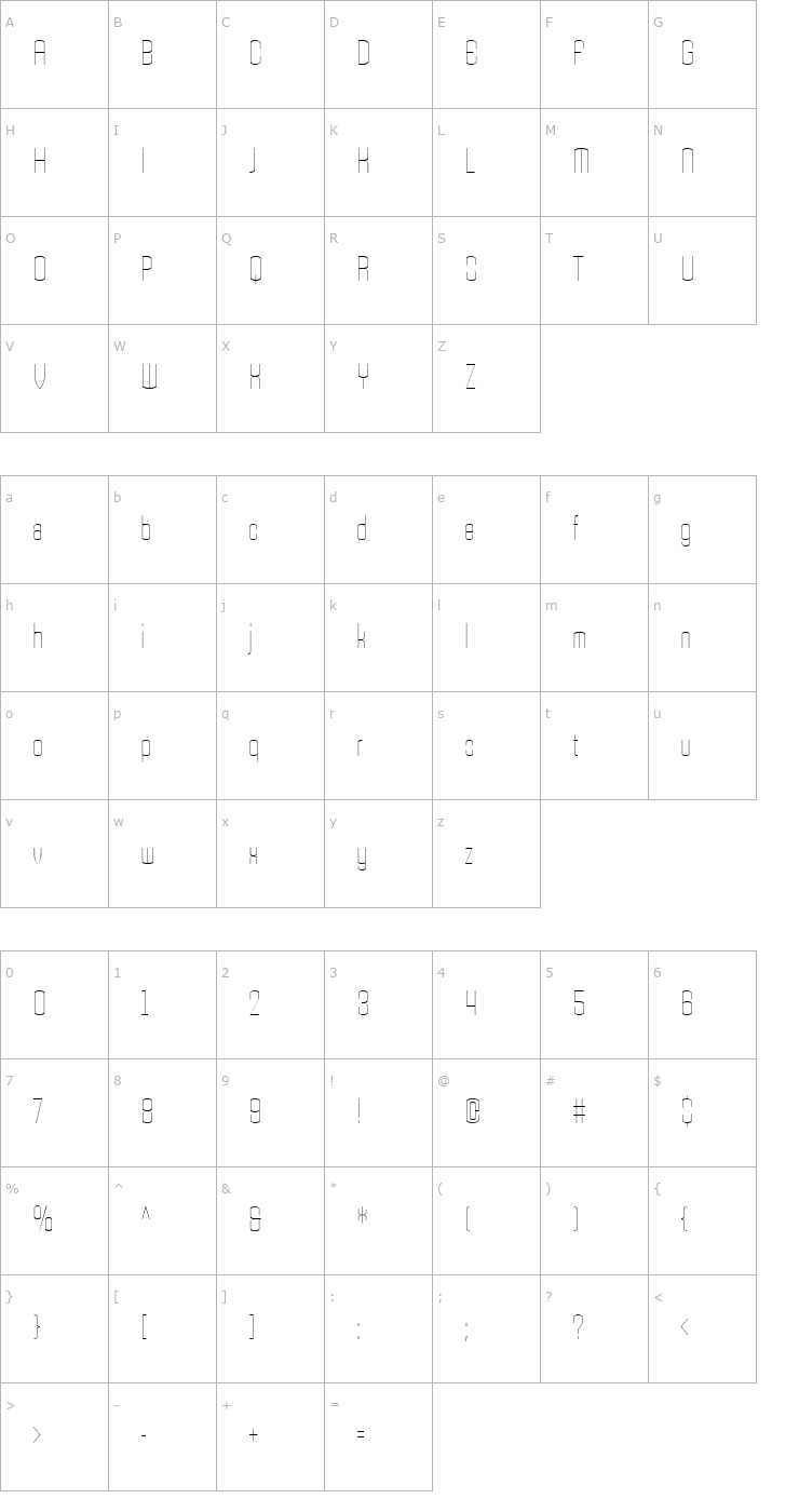 Character Map Armada-ThinCondensed Font