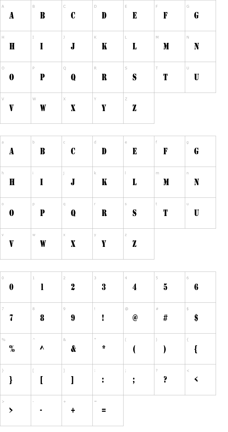 Character Map Army Condensed Font