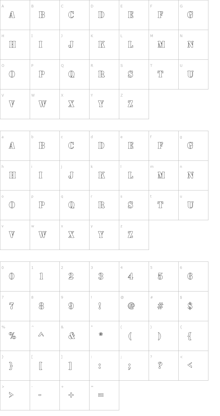Character Map Army Hollow Font