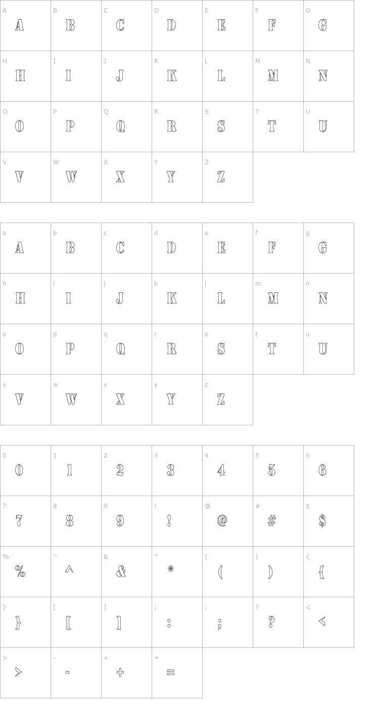 Character Map Army Hollow Thin Font