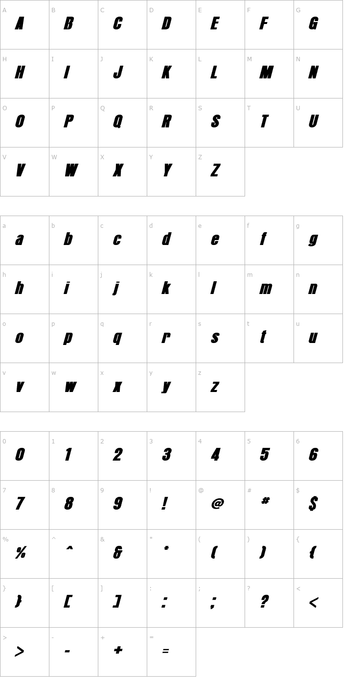 Character Map Arroyo Bold Italic Font