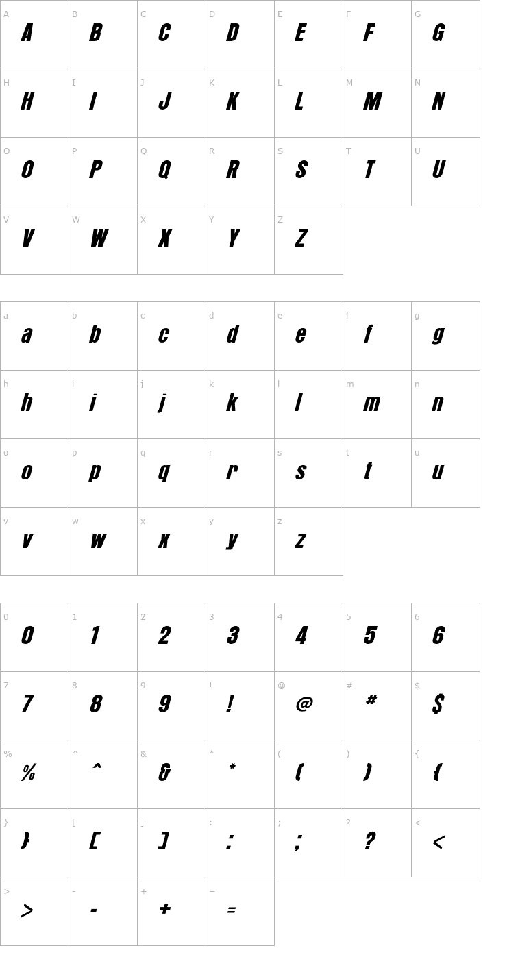 Character Map Arroyo Italic Font