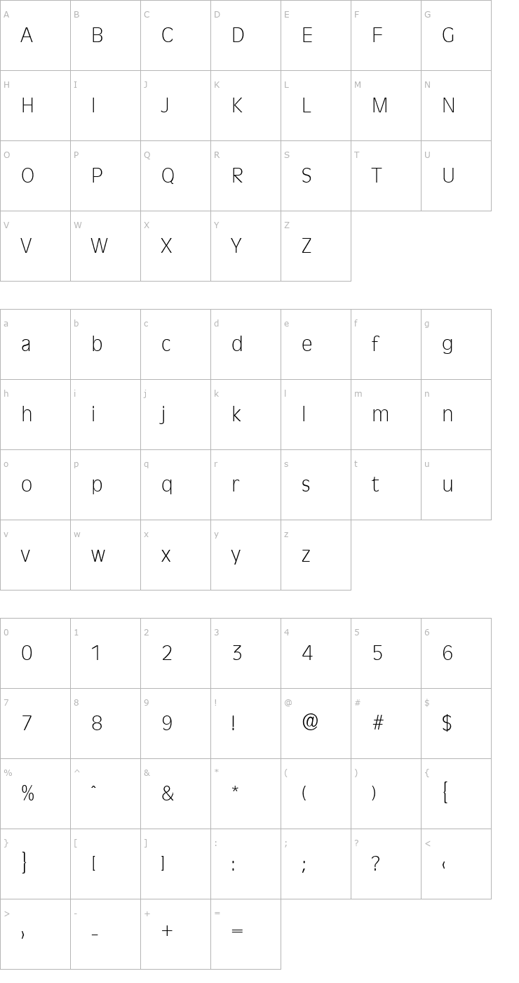 Character Map ArthurBecker-ExtraLight Font