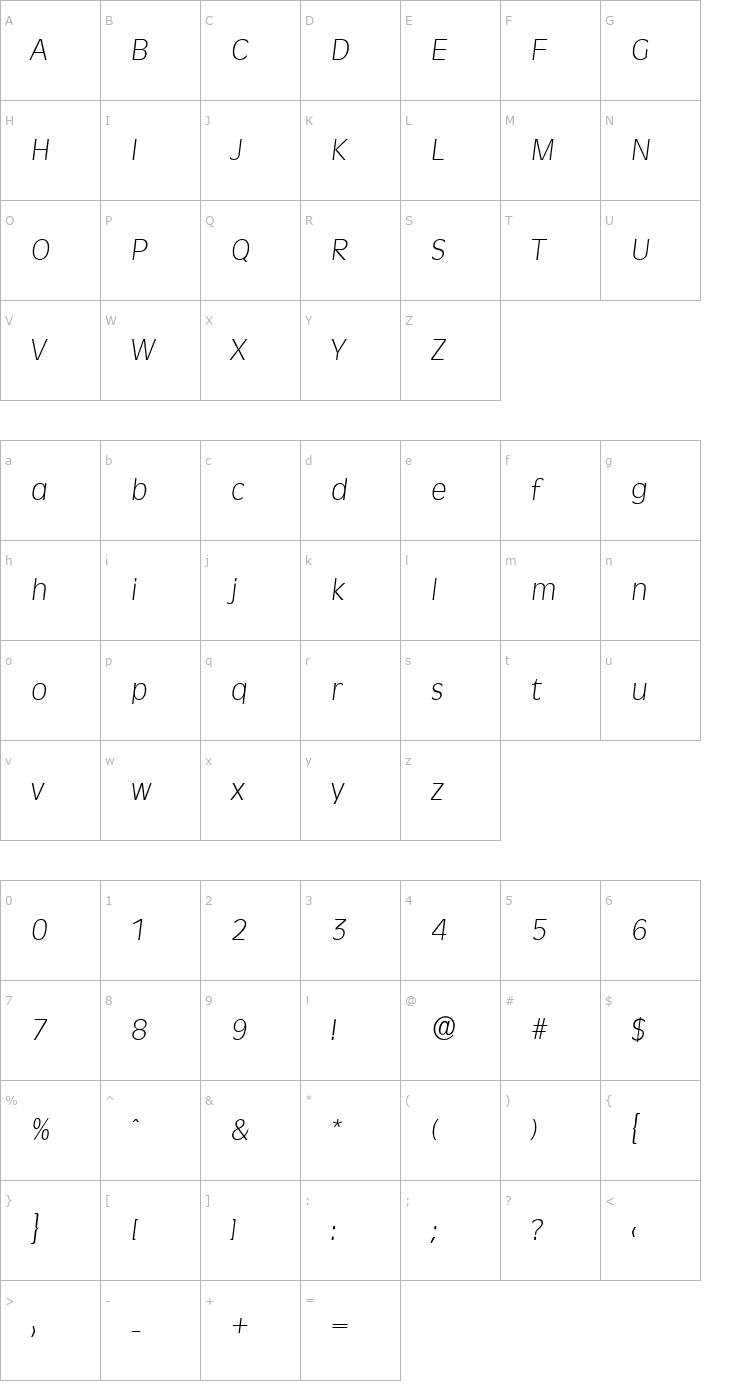 Character Map ArthurBecker-ExtraLight Italic Font
