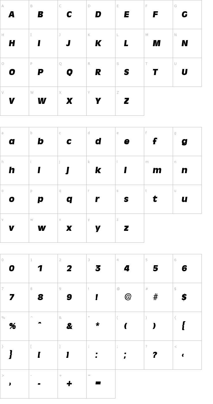 Character Map ArthurBecker-Heavy Italic Font