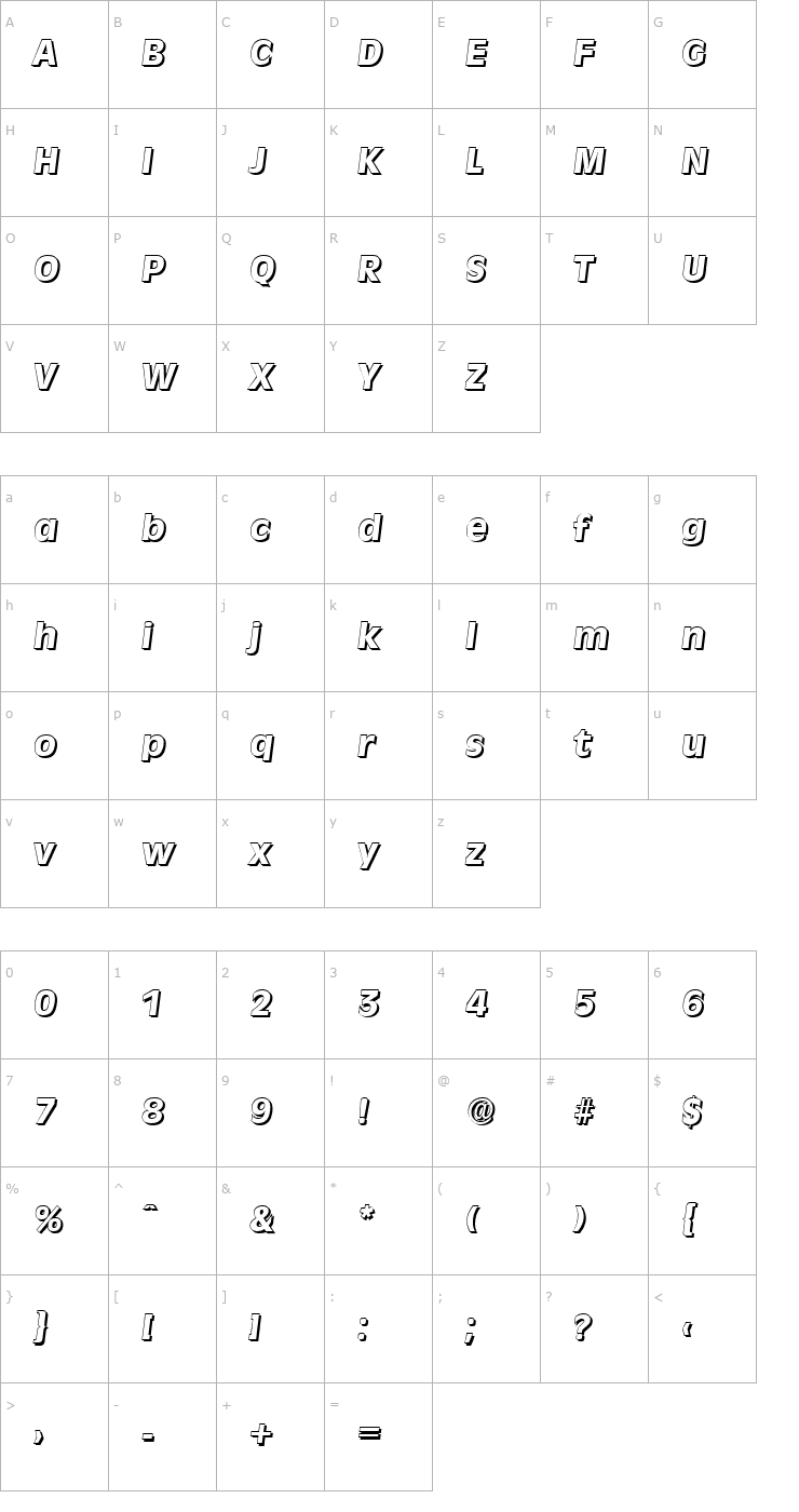 Character Map ArthurBeckerShadow-ExtraBold-Italic Font
