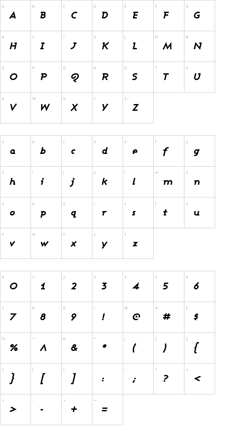 Character Map Ashby Extra Bold Italic Font