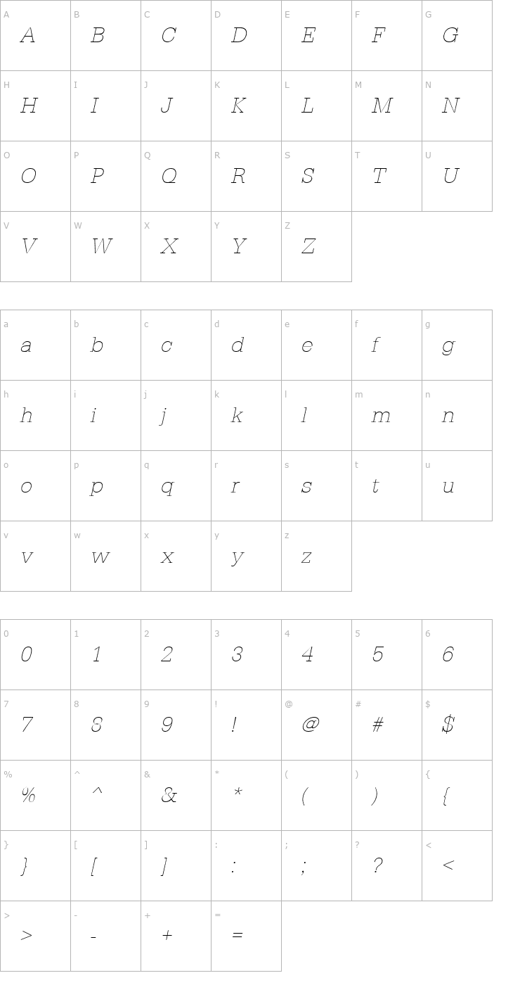 Character Map AstridBeckerXlight Italic Font