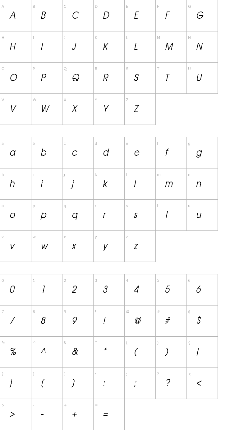 Character Map Atilla Condensed Italic Font