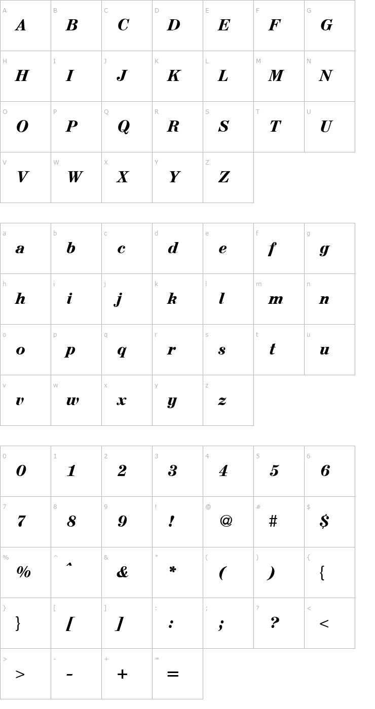 Character Map AureliusSerif-BoldItalic Font
