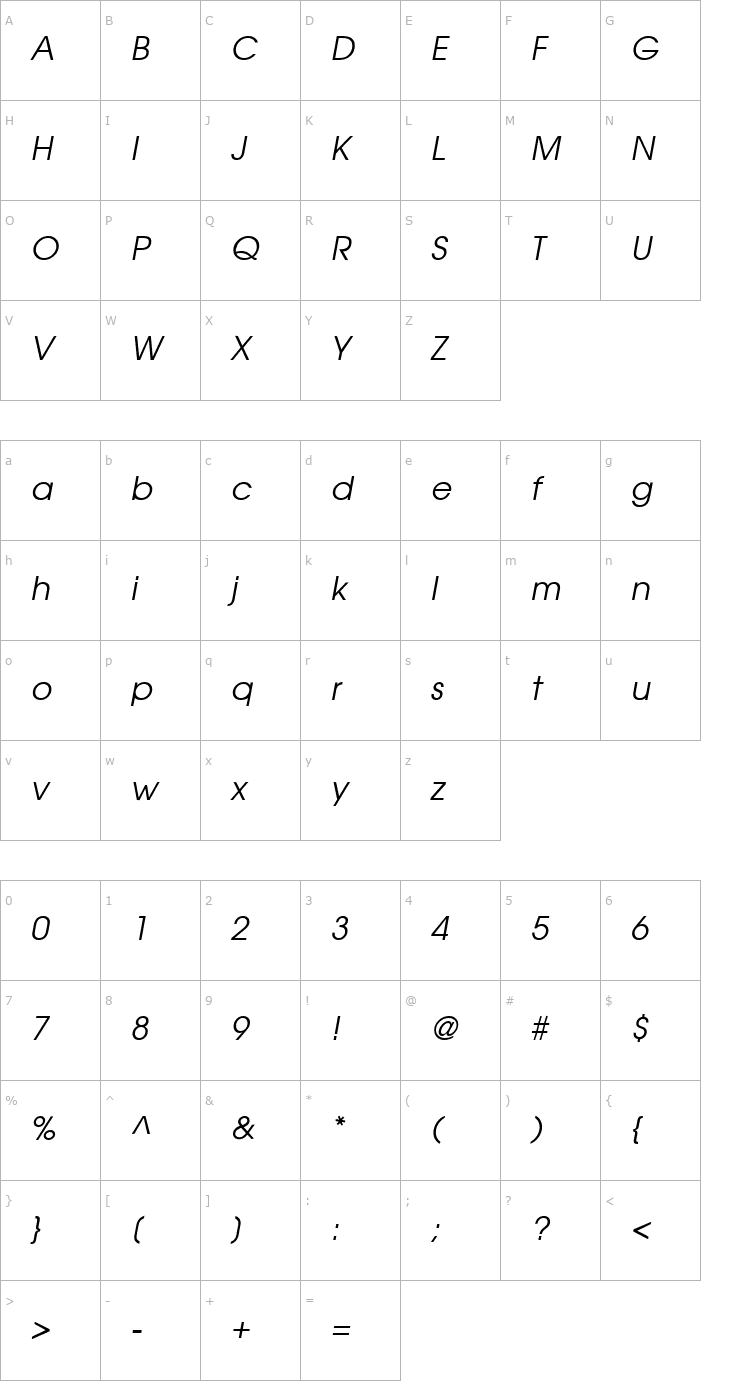 Character Map Avalon Italic Font