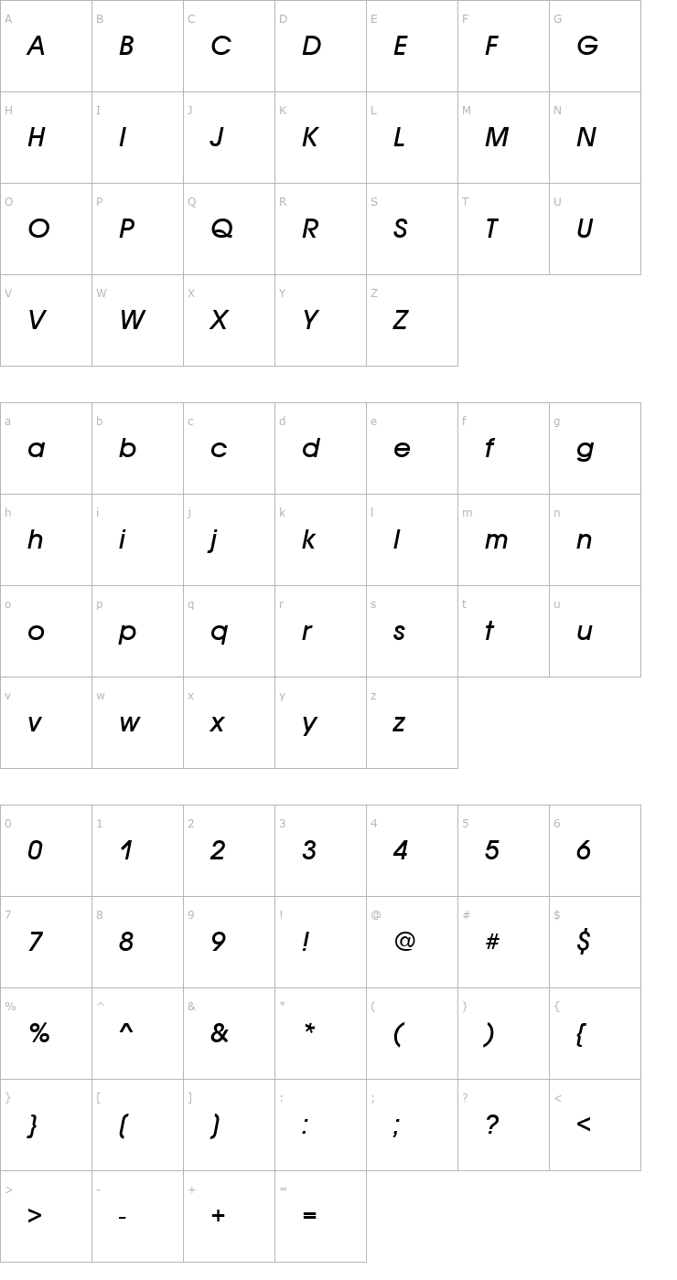 Character Map AvalonTwo Italic Font
