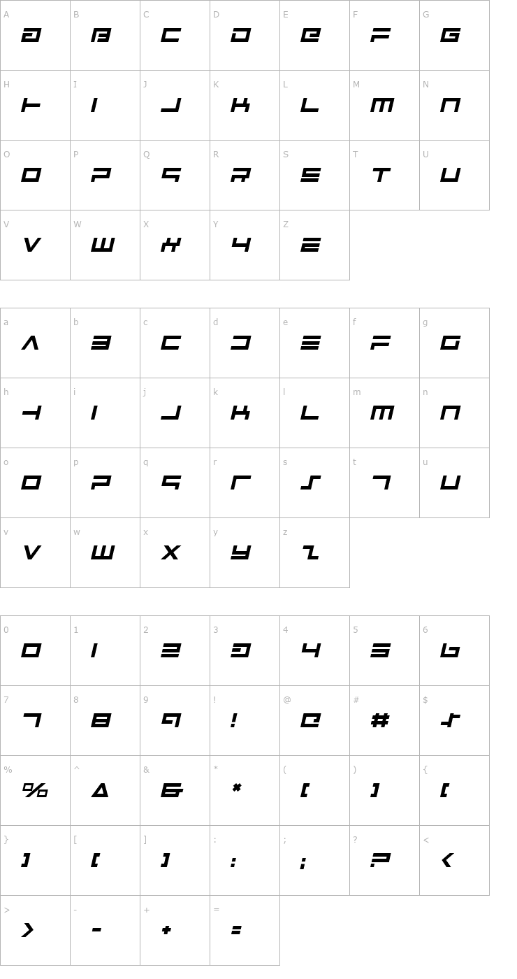 Character Map Avenger Italic Font