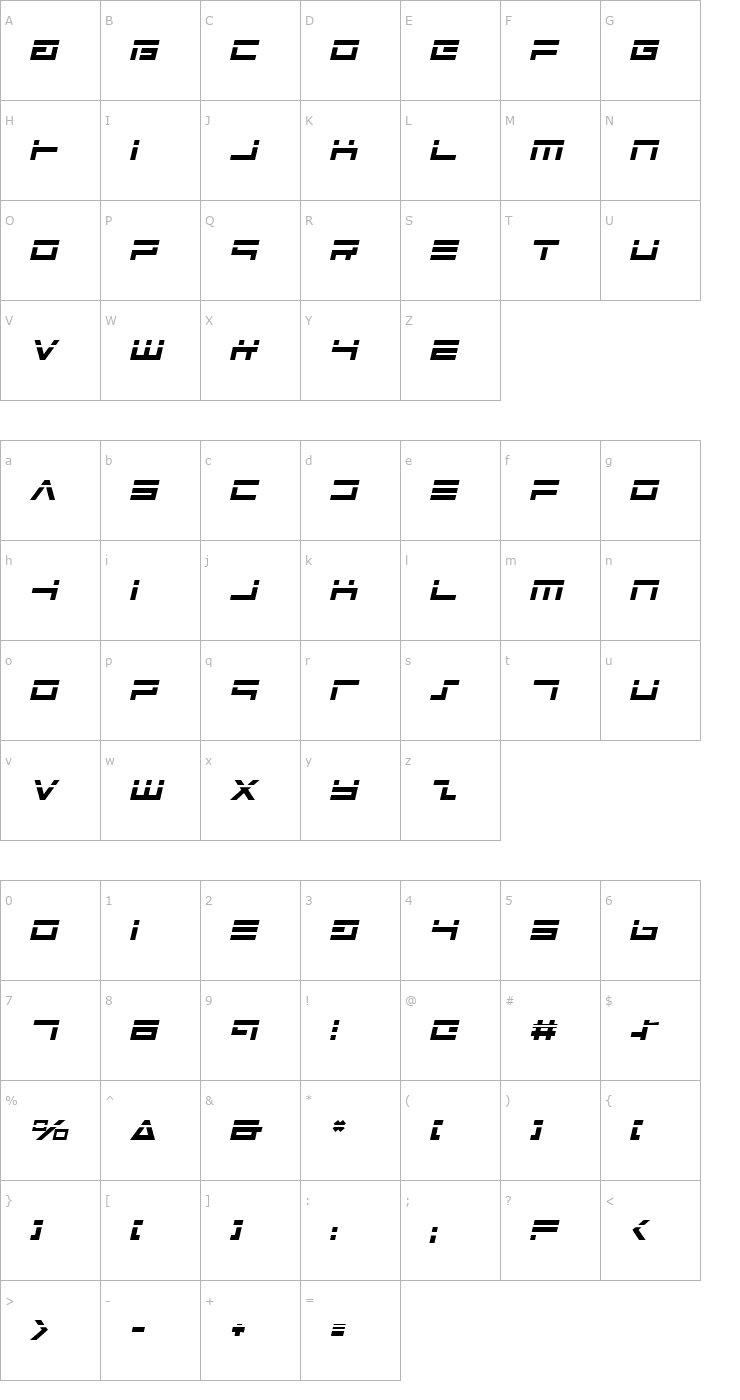 Character Map Avenger Laser Italic Font