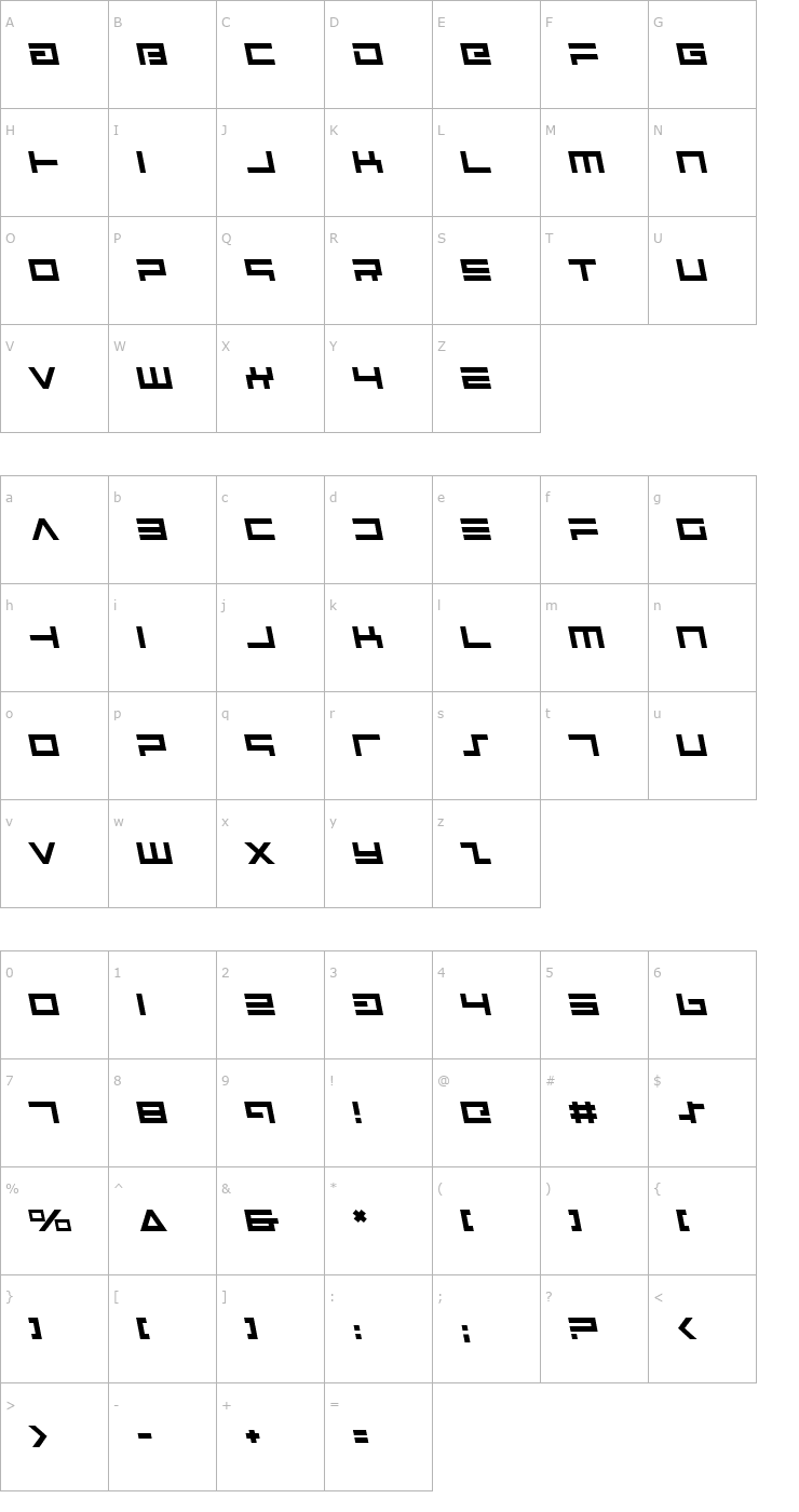 Character Map Avenger Leftalic Font