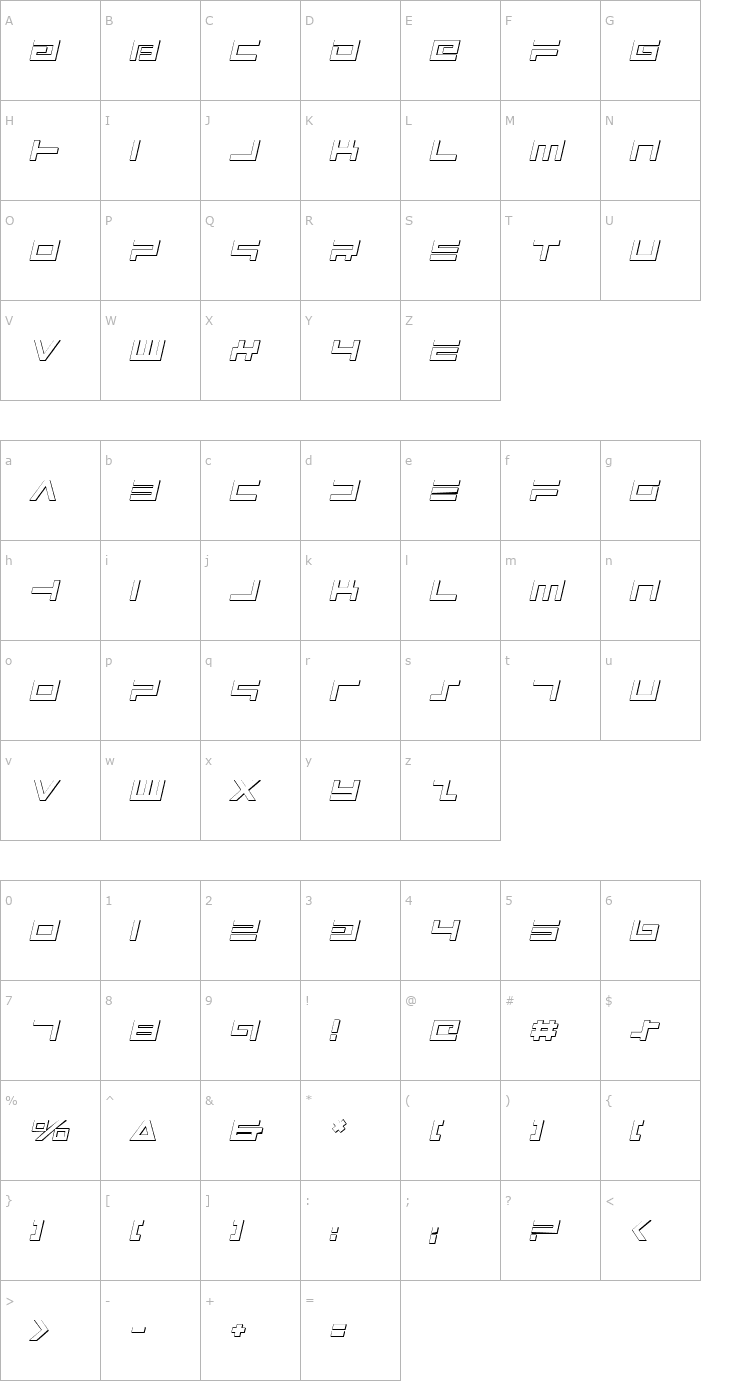 Character Map Avenger Shadow Italic Font