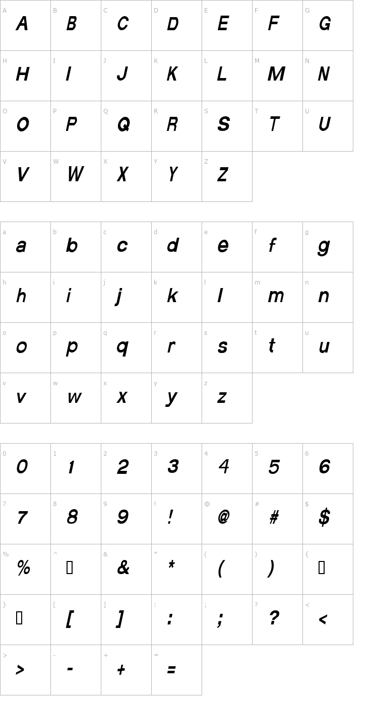 Character Map AverageCondensed Italic Font