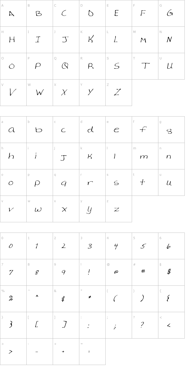 Character Map AverysHand Italic Font