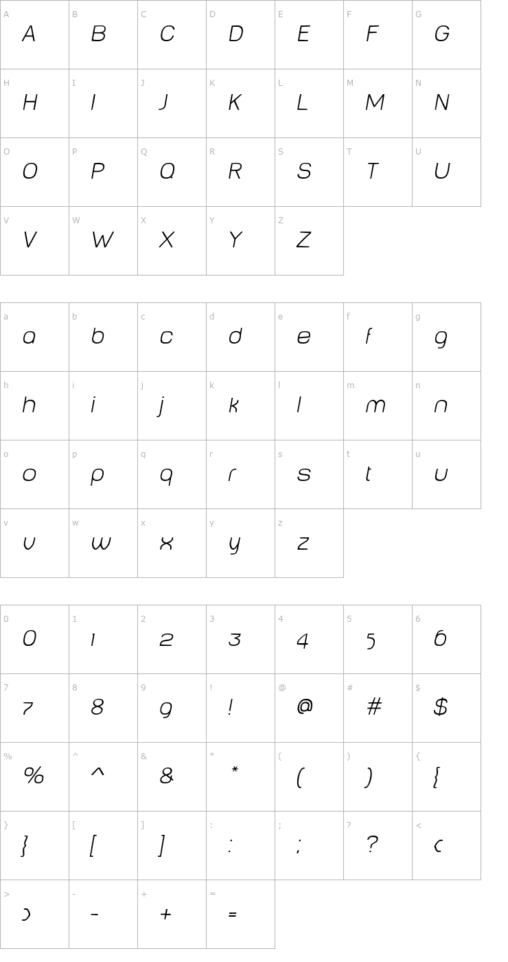 Character Map Baby MineThinOblique Font