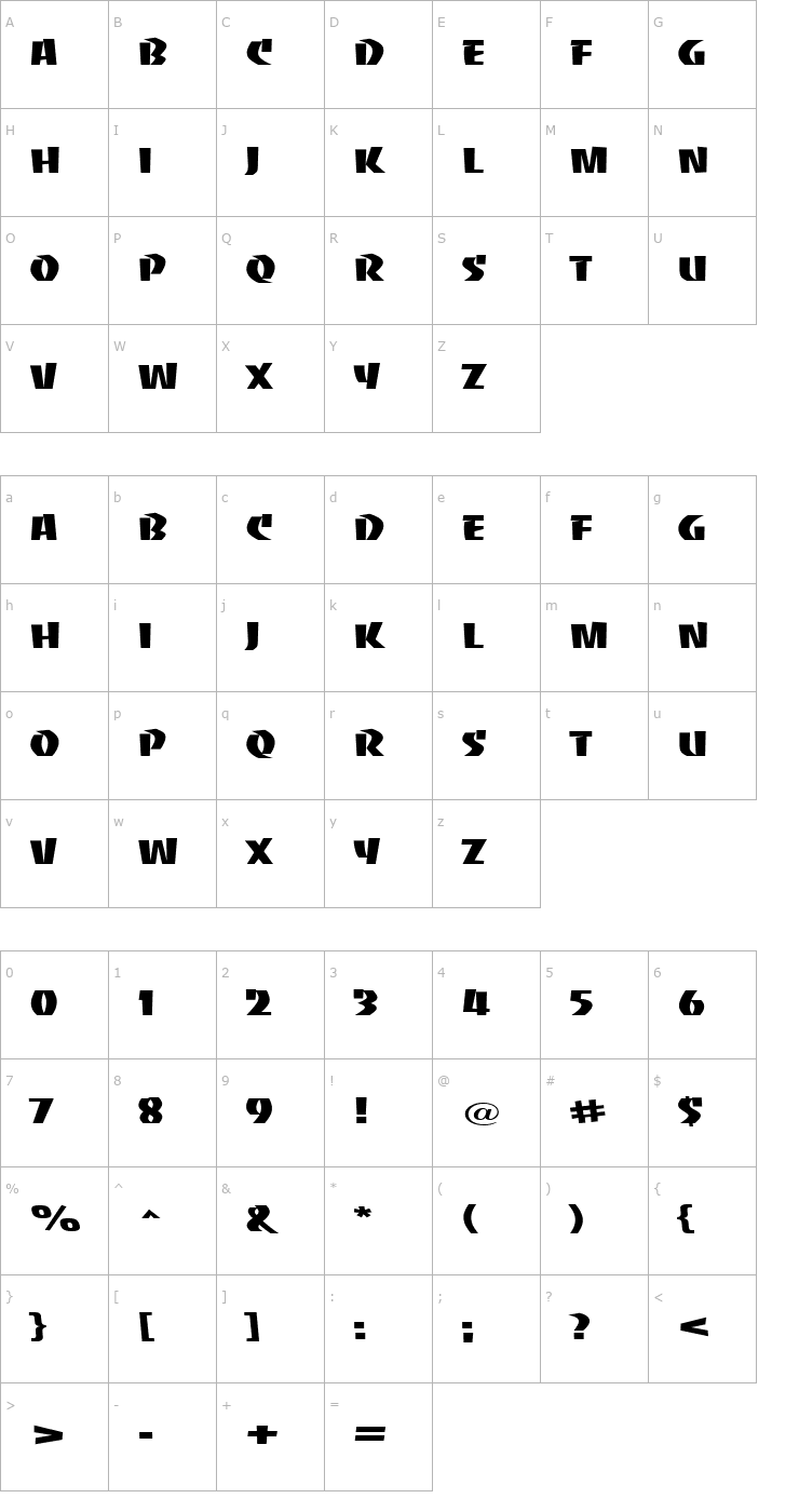Character Map BaccaratUprightWide Regular Font