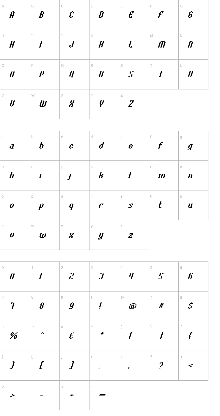 Character Map BaccusBevelExp Italic Font